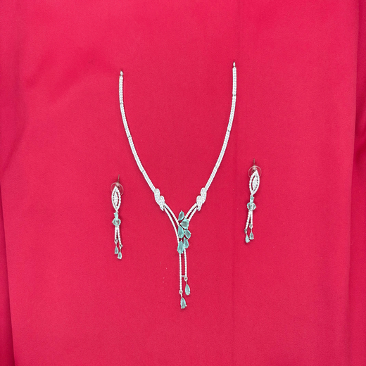 Silver American Diamonds stones deep Mint-Green teardrop and floral-shaped stones Short Necklace