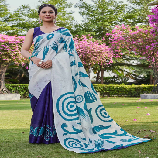 Off White Cotton Blend Printed Saree