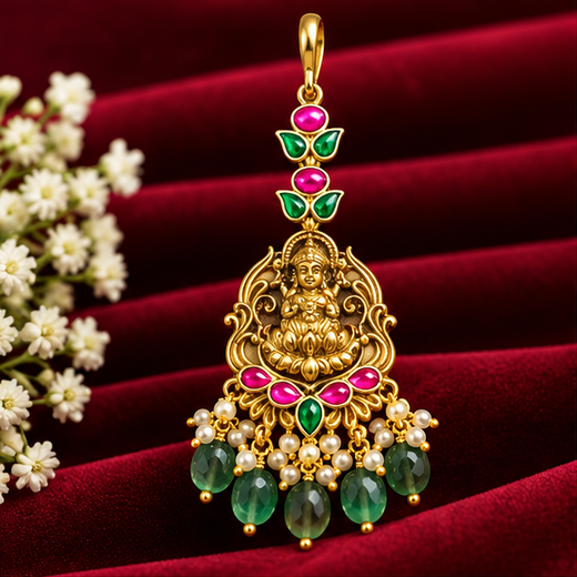 Jadau Kundan Finishing With Lord Lakshmi Design Maang Tikka