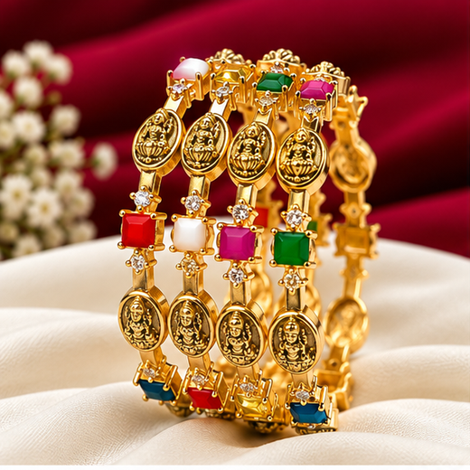 Matte Finishing Lakshmi Navaratna Block Stone Bangle Colored CZ Stones