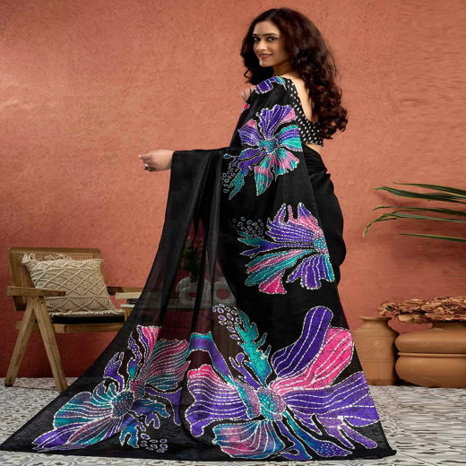 Black Vichitra Silk Printed Saree - Image 4