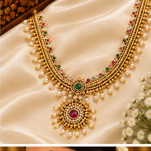 matte finishing multi-color stones with pearls long haram Necklace - Image 2