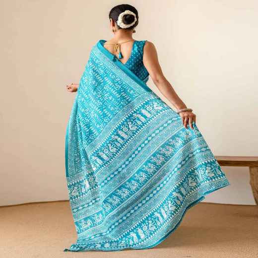 Teal Blue Khadi Printed Saree - Image 4