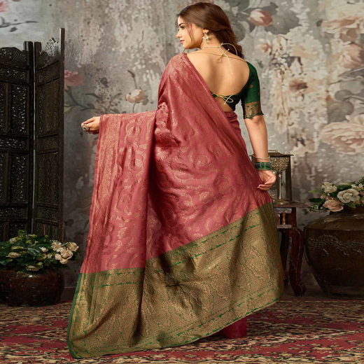 Dark Coral Peach Silk Woven Banarasi Saree - Image 4