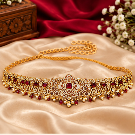Victorian Finishing With Purple Stones And Peacock Deigned Chain Vaddanam