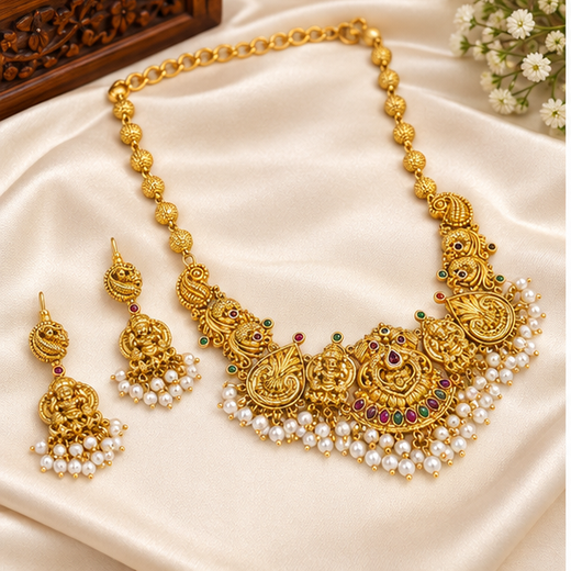 Matte Finishing With Lord Lakshmi With Multi Stones And White Drop Pearls short Necklace - Image 3