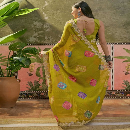 Lime Green Chiffon Bandhani Printed Embroidery Saree - Image 4