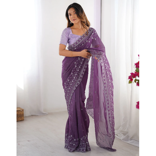 Purple Silk Sequence Embroidery Saree