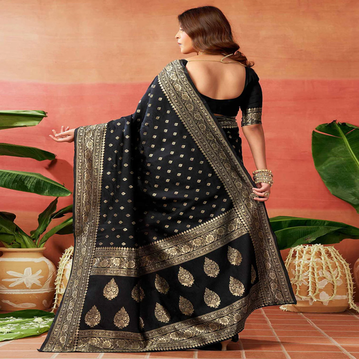 Black Silk Woven Banarasi Saree - Image 4