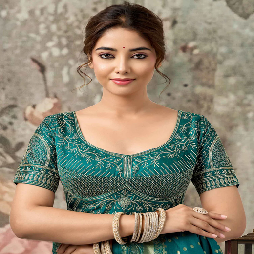 Teal Green Silk Woven Banarasi Saree With stitched Blouse - Image 2