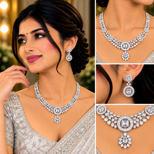Silver Polish White & white AD Studded Short Necklace - Image 4