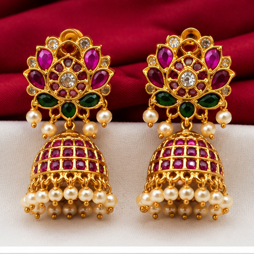 Matte Finishing Floral Design With White Pearls Jhumkas Earring