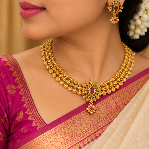 Traditional Gold-Plated Beaded Necklace Set with Matching Earrings - Image 4