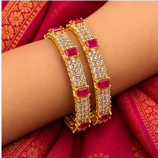 CZ American Diamond Emerald-Cut Pink Stones Bangle - Image 4