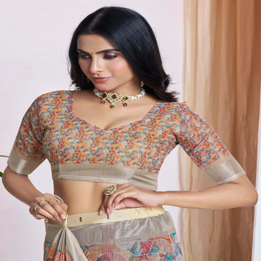 Ready To Wear Light Brown Linen Woven Border Printed Saree - Image 2