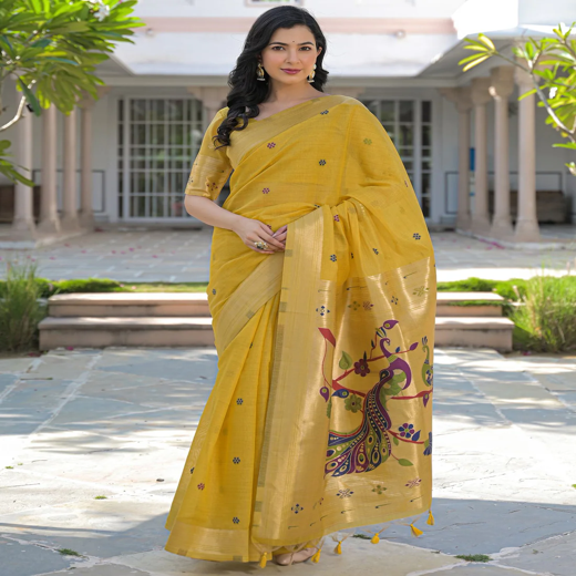 Yellow Cotton Woven Paithani Saree