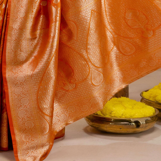 Orange Silk Woven Banarasi Saree - Image 3