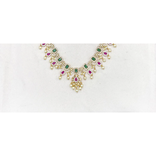 Matte finishing flower design with Green and pink stones Short Necklace - Image 2