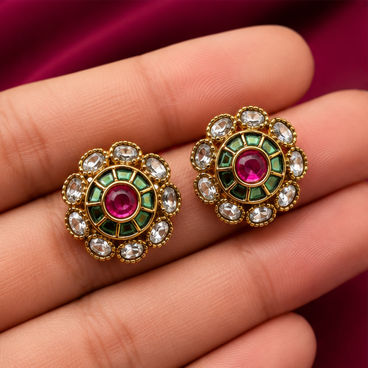 Matte Finish Multi Stones Studs Earring - Image 3