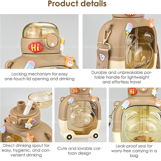 Bear-Shaped Kids Sipper Water Bottle with Strap - Image 2