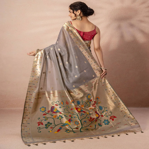 Grey Chanderi Cotton Woven Paithani Saree - Image 4