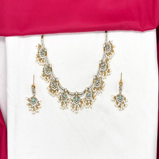 Matte finishing American Diamonds with Mint-Green stones and Guttapusalu Short Necklace - Image 2