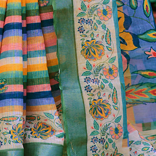 Cream Cotton Linen Printed Saree - Image 3