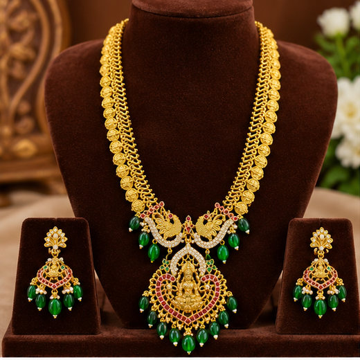 Gold Plated Lakshmi Devi Long Haram Necklace Set