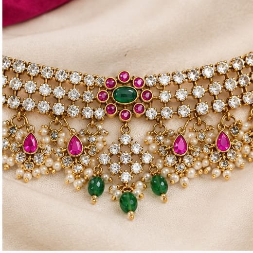 Matte finishing uncut American Diamonds with pearls floral design Choker Necklace - Image 3