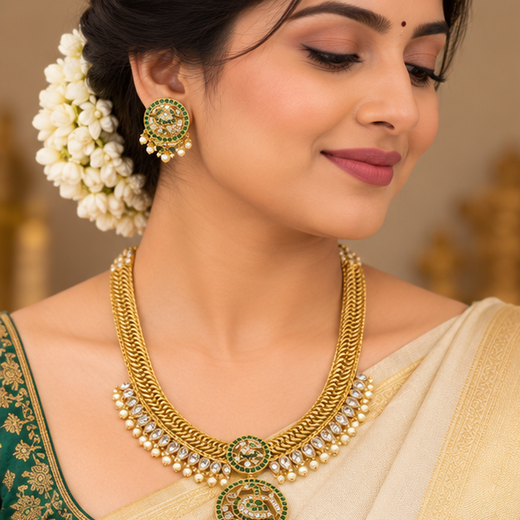 Matte finishing jalebi With Green pendent Peacock Long Haram - Image 2