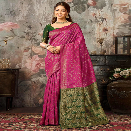 Dark Pink Silk Woven Banarasi Saree