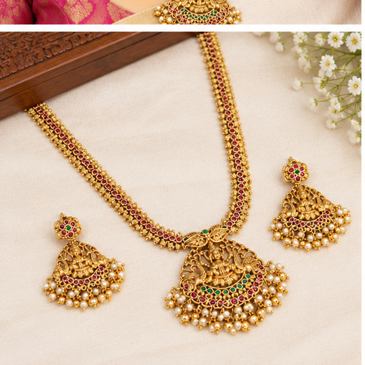 Matte finishing lord Lakshmi pendent with small stones long Haram - Image 3