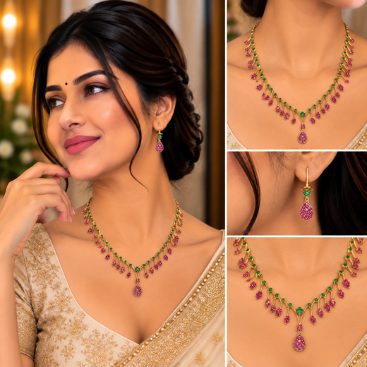 AD floral leaf branch ruby & green stones lightweight Short Necklace - Image 4