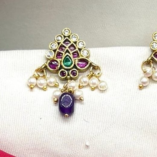 kempu lotus design AD stones Purple Bead drop Earrings - Image 4