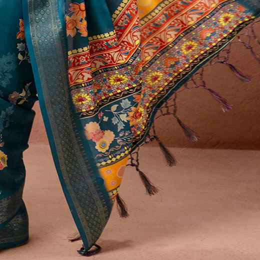 Teal Blue Silk Floral Printed Woven Border Saree - Image 3