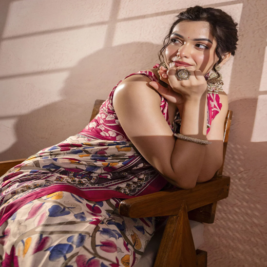 Beige Cotton Printed Kalamkari Saree - Image 2