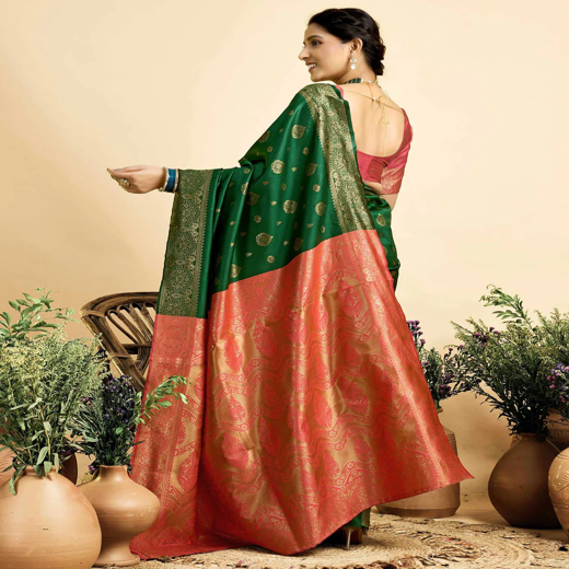 Dark Green Silk Woven Banarasi Saree - Image 4