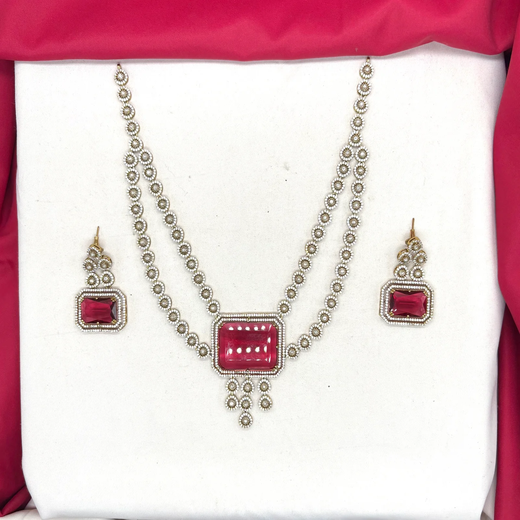 Victorian finishing emerald Red stones and intricate American Diamond Necklace - Image 2