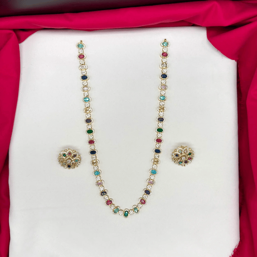 Navaratnam floral design multi-colored Long haram Necklace