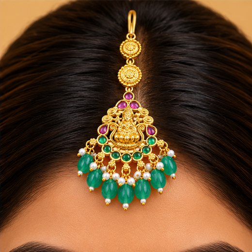 Maang-Tikka With Mint-Green Monalisa Beads - Image 4
