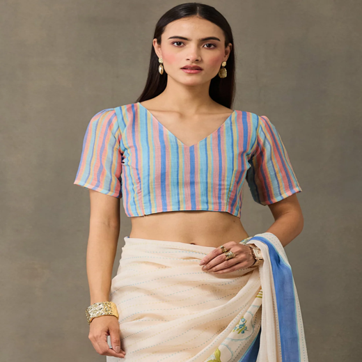 Cream Linen Printed Saree - Image 2