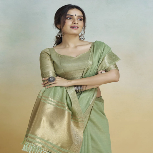 Light Green Cotton Woven Zari Stripe Saree - Image 2