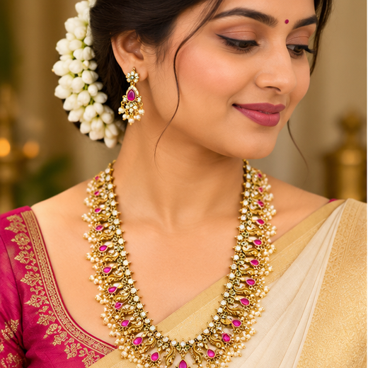 Matte finishing flower design with small white Pearls Long Haram Necklace - Image 2