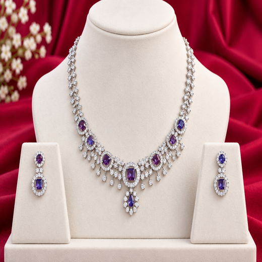 Silver Polish White & purple AD Studded Short Necklace - Image 3
