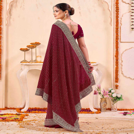 Dark Red Silk Embroidery Embellished Saree - Image 4
