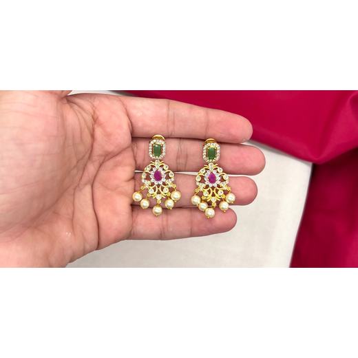 Matte finishing flower design with Green and pink stones Short Necklace - Image 3