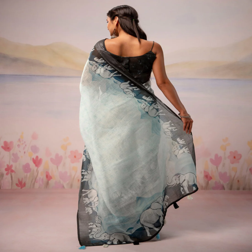 Light Mint Blue Linen Printed Zari Border Saree - Image 4