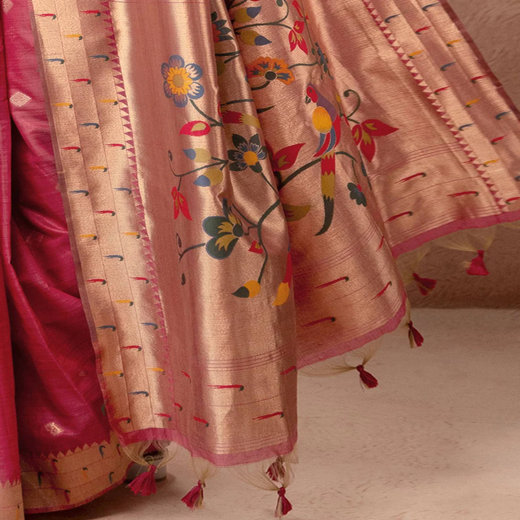 Dark Rose Pink Chanderi Cotton Woven Paithani Saree - Image 3