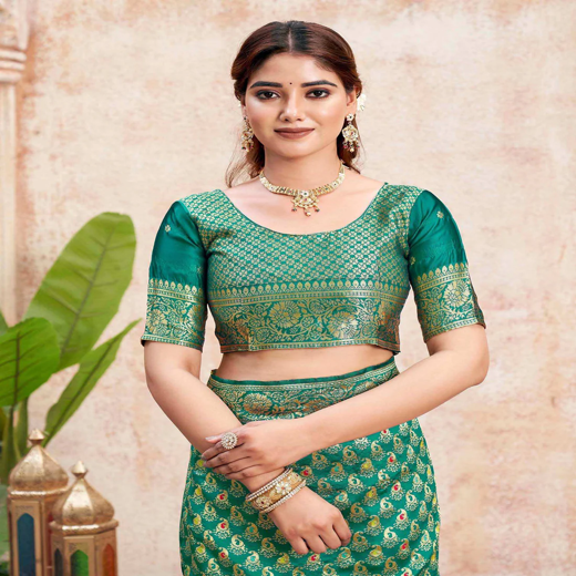 Teal Green Silk Woven Banarasi Saree - Image 2