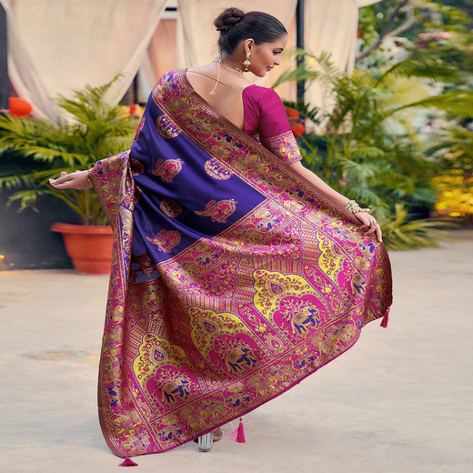 Purple Silk Woven Banarasi Saree - Image 4